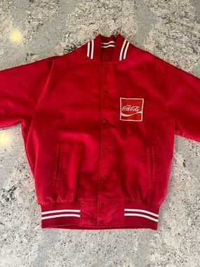 Vintage 80s Red Varsity-Style Coca Cola Bomber Snap Button Up Jacket